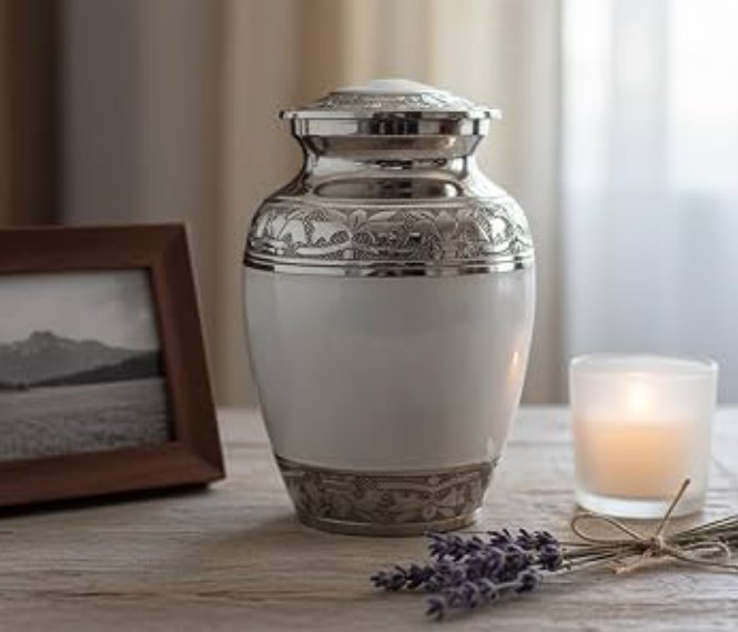 Urna conmemorativa sobre una mesa de madera junto a una vela y un portarretratos